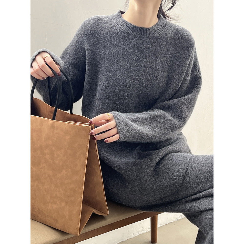 【Plus Size】 Two-Piece Set Solid Mock Neck Drop Shoulder Split Hem Sweater & Straight Leg Pants