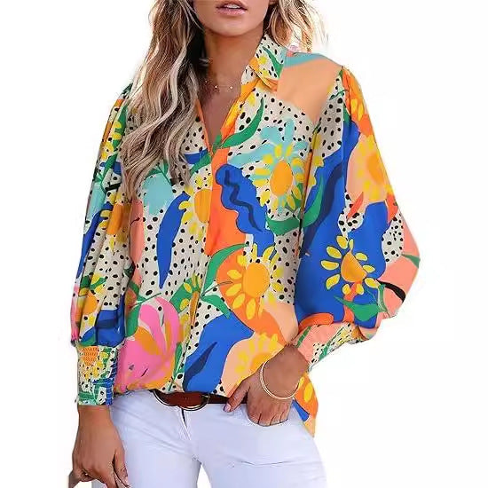 Astylish Kvinnor 2024 Lösa V-ringade skjortor Paisleytryck Lantern Sleeve Blus Tops 