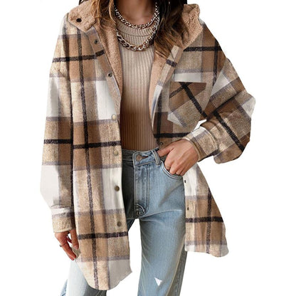 Women's Flannel Hooded Plaid Fuzzy Fleece Jacket