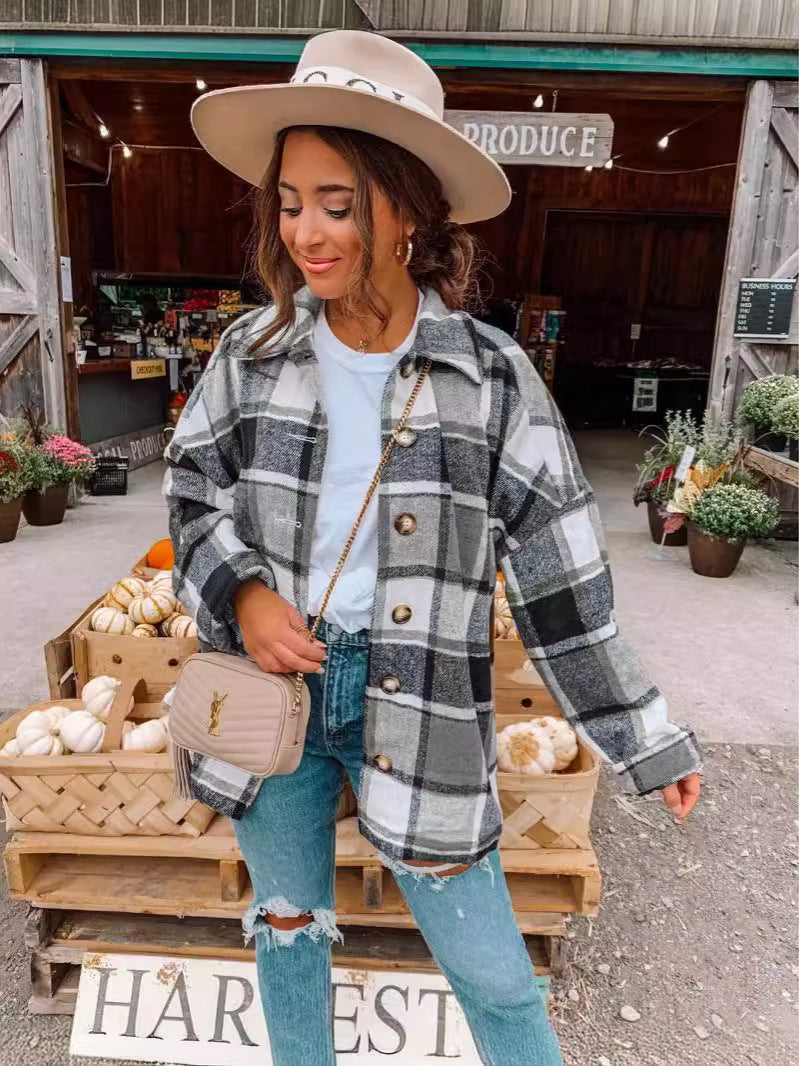 European and american hot2024ebay Amazon wish Autumn and Winter New Fashion Large Plaid Shirt Women's Woolen Coat