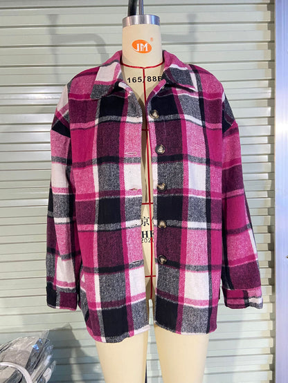 European and american hot2024ebay Amazon wish Autumn and Winter New Fashion Large Plaid Shirt Women's Woolen Coat