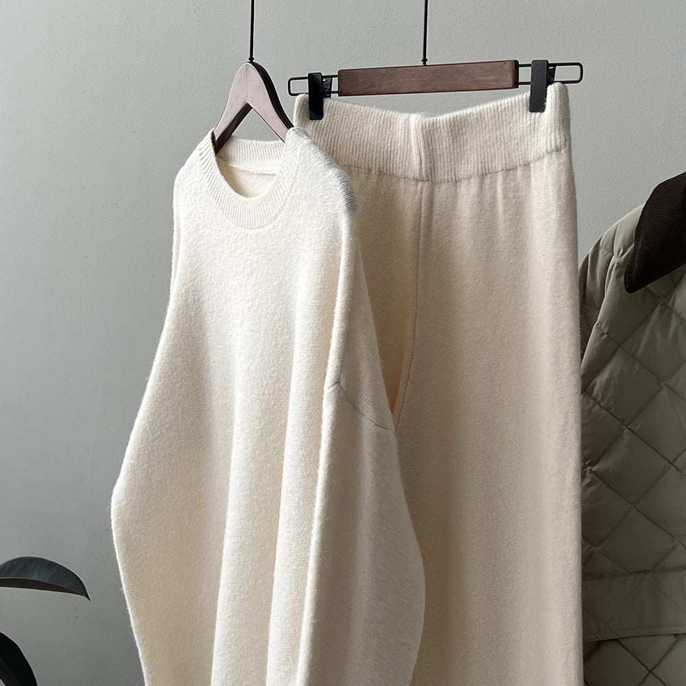 【Plus Size】 Two-Piece Set Solid Mock Neck Drop Shoulder Split Hem Sweater & Straight Leg Pants