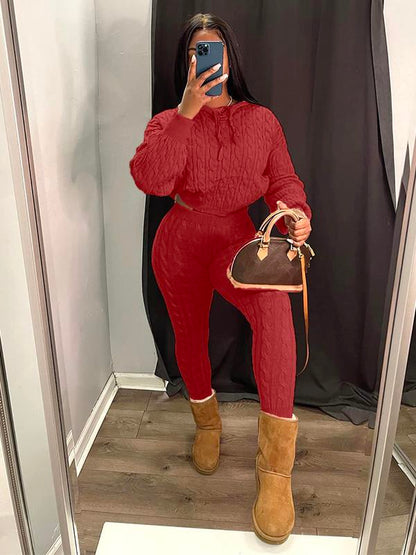 Women's Minimalist Textured Long Sleeve Crop Hooded Sweater & High Waist Skinny Pants Set, Casual Cozy Lady Knitwear Outfits Suits, Basic Womenswear