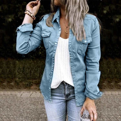 Women Button Down Denim Shirt Chambray Snap Buttons Lightweight Utility Anorak Military Jacket Coat 2025