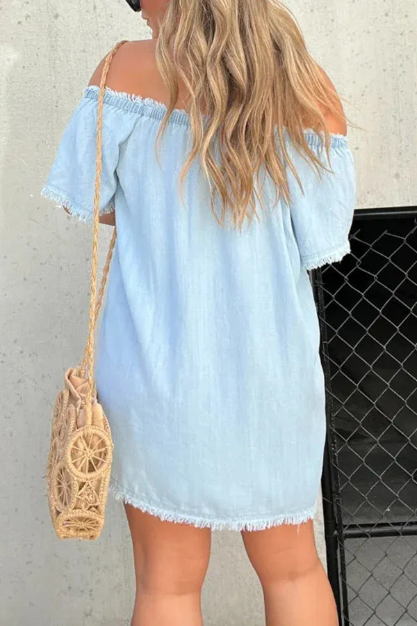 Fashionable Off Shoulder Short-sleeved Loose Denim Mini Dress - Seldom Seen Styles