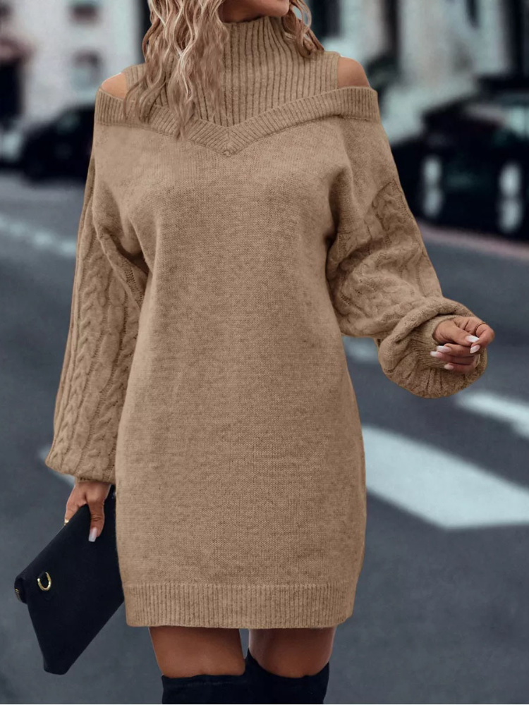 Women Half High Neck Off-Shoulder Long Sleeve Knitted Dress - Seldom Seen Styles