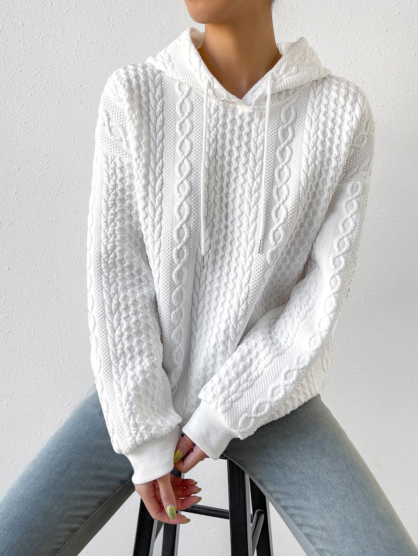 Cable Textured Drop Shoulder Drawstring Hoodie - Seldom Seen Styles