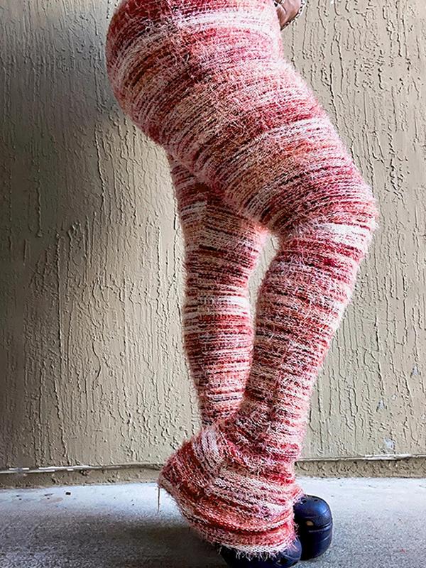 Women's Striped Print Flare Leg Fuzzy Sweater Pants, Casual Street Comfy Knit Bell Bottom Trousers For Fall & Winter, Women's Knitwear For Daily Wear - Seldom Seen Styles