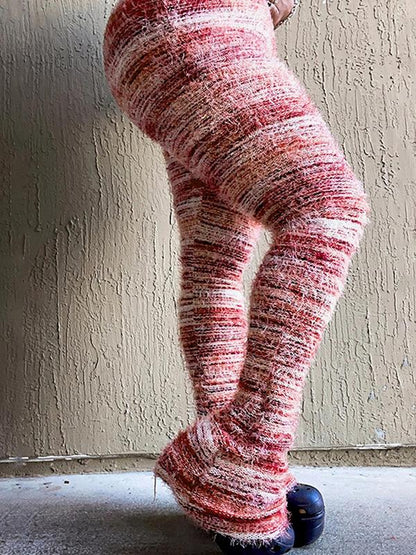 Women's Striped Print Flare Leg Fuzzy Sweater Pants, Casual Street Comfy Knit Bell Bottom Trousers For Fall & Winter, Women's Knitwear For Daily Wear