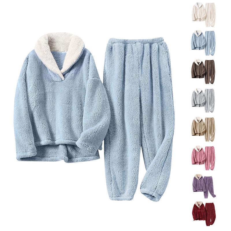 XiaRan Women's Fluzzy Sherpa Fleece Pajamas Warm Pullover Lapel Sleepwear Sets