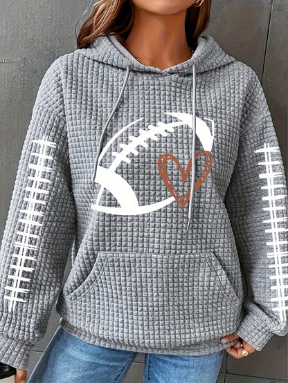 Cozy Plus Size Womens Hoodie - Heart Rugby Print Waffle Knit