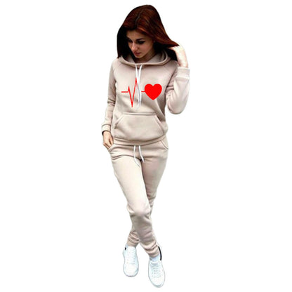 Two-Piece Set Women's Heart Print Raglan Sleeve Hoodie & Drawstring Waist Sweatpants Set, Casual Long Sleeve Hooded Pullover & Pocket Jogger Pants, Women's Fall & Winter Clothes, Holiday Outfits, Soft Clothes