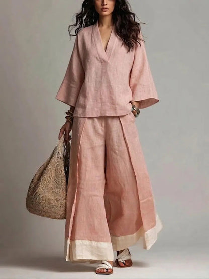 Annie's Fashion Women's Cotton-Linen V-Neck Three-Quarter Sleeve Shirt and Wide-Leg Pants Set