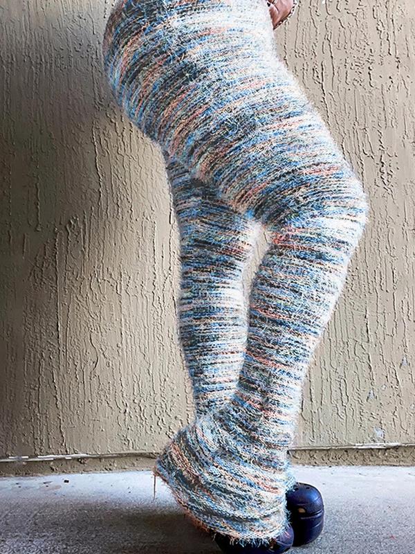Women's Striped Print Flare Leg Fuzzy Sweater Pants, Casual Street Comfy Knit Bell Bottom Trousers For Fall & Winter, Women's Knitwear For Daily Wear - Seldom Seen Styles