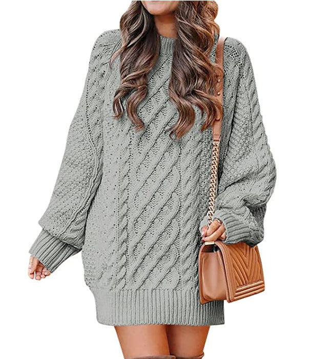 European and American Women's Clothing round Neck Long Sleeve Large Profile Twisted Knitted Thick Needle Pullover Mid-Length Warm Sweater for Women Dress