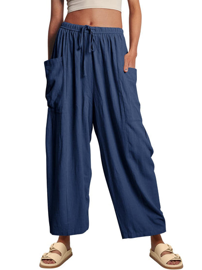 Pantalon large pour femme, décontracté, ample, avec cordon de serrage, fluide, pour l'été, la plage, style sarouel, avec poches