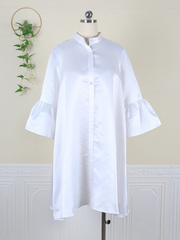Urban Buttoned Solid Color Stand Collar Flared Sleeve Loose Midi Dress - Seldom Seen Styles