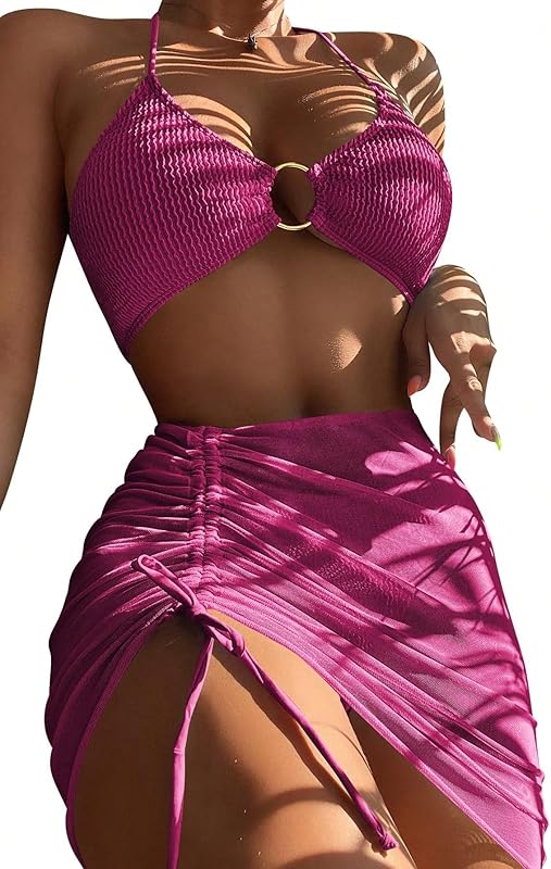 Women's 3 Piece Bathing Suits Halter Ring Bikini Set with Cover Up Skirts - Seldom Seen Styles