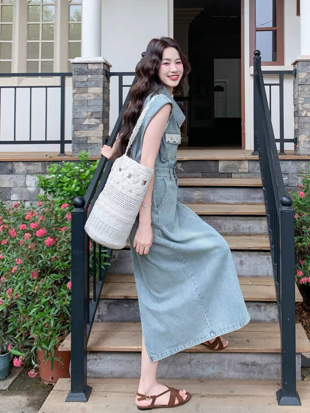 Women's Light Blue Washed Denim Sleeveless Lapel Collar Pearl Button Maxi Dress Lace Floral Chest Pockets Elastic Waist with Free Woven Tassel Waist Accessory S M L XL - Seldom Seen Styles