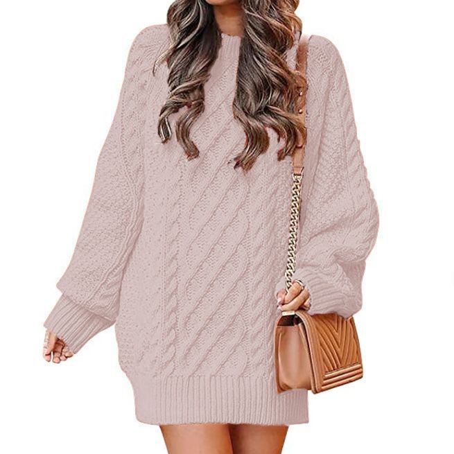 European and American Women's Clothing round Neck Long Sleeve Large Profile Twisted Knitted Thick Needle Pullover Mid-Length Warm Sweater for Women Dress