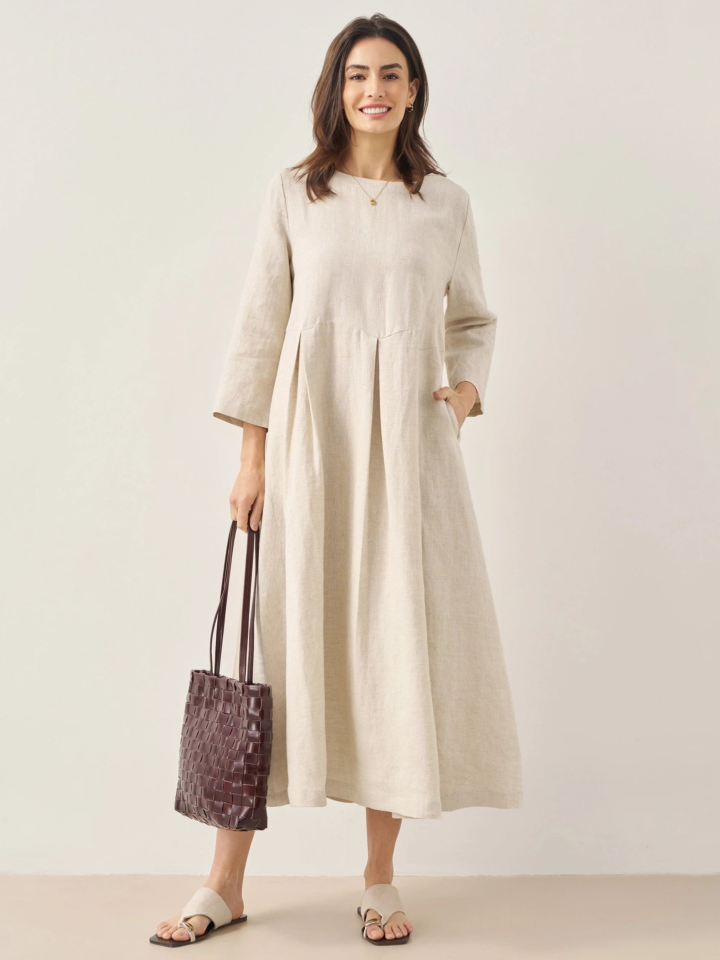 100% Linen Bateau Neck Pleated Maxi Dress ABIGAIL - Seldom Seen Styles