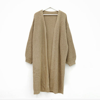 2024Autumn and Winter New Korean Style Solid Color Idle Style Sunken Stripe Long Knitted Cardigan Lantern Sleeve Sweater Women's Coat Fashion