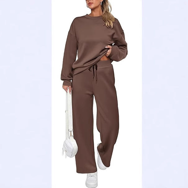 Pink Queen Women's 2 Piece Lounge Outfit Sweater Set Long Sleeve Crop Knit Top and Wide Leg Long Pants Sweatsuit - Seldom Seen Styles
