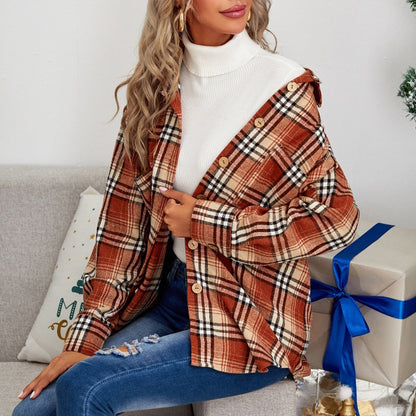 Europe and America Cross Border Women's Clothing2022Autumn and Winter Thickening Lapel Long Sleeve Loose Shirt Jacket Plaid Shirt for Women