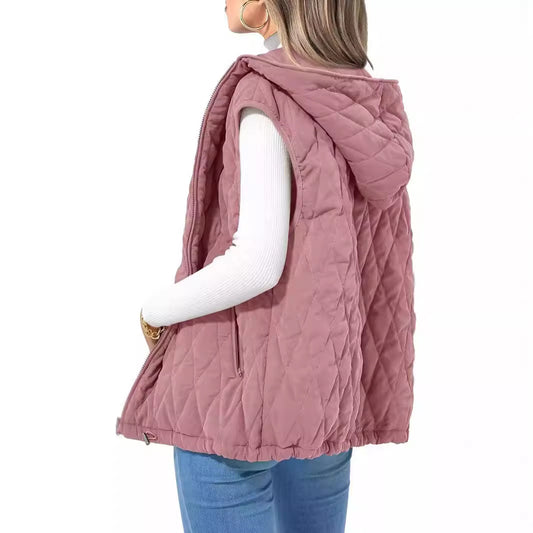 Women's Quilted Vest Casual Sleeveless Hooded Zip Up Diamond pattern Jacket With Pockets Winter Coat Outerwear Minimalist Top - Seldom Seen Styles