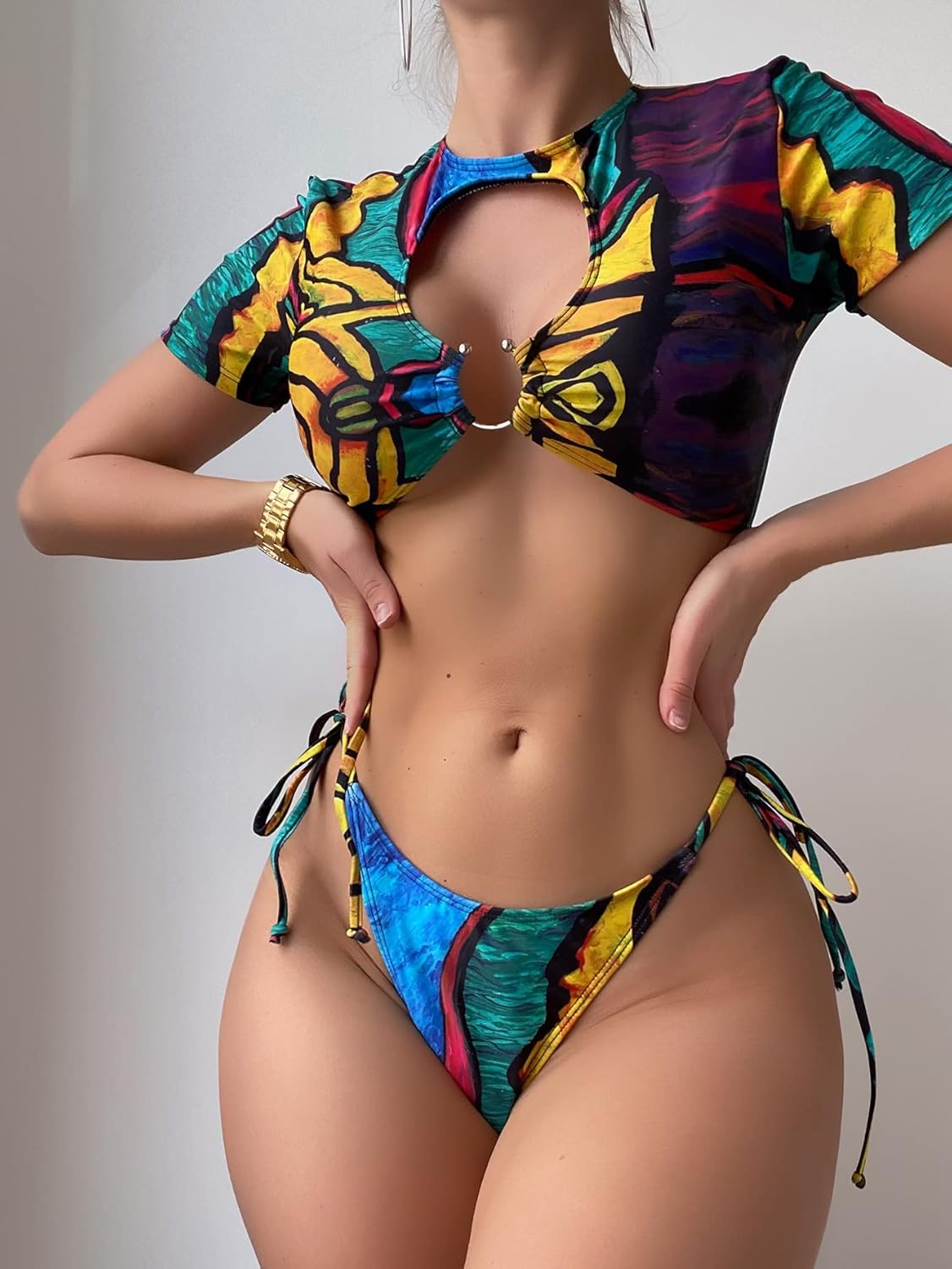 Women's 2 Piece Swimsuit Graffiti Print Cut Out Ring Linked Bikini Set Tie Side Bathing Suit - Seldom Seen Styles