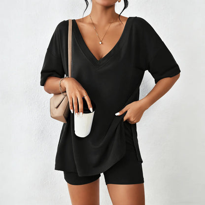 Mother's Day EKOUAER V-neck Two-Piece Pajama Set For Women Summer Casual Oversized Split Hem Shirts & Biker Shorts Minimalist Lounge Wear Soft Homewear Cozy Pjs Clothes Comfy