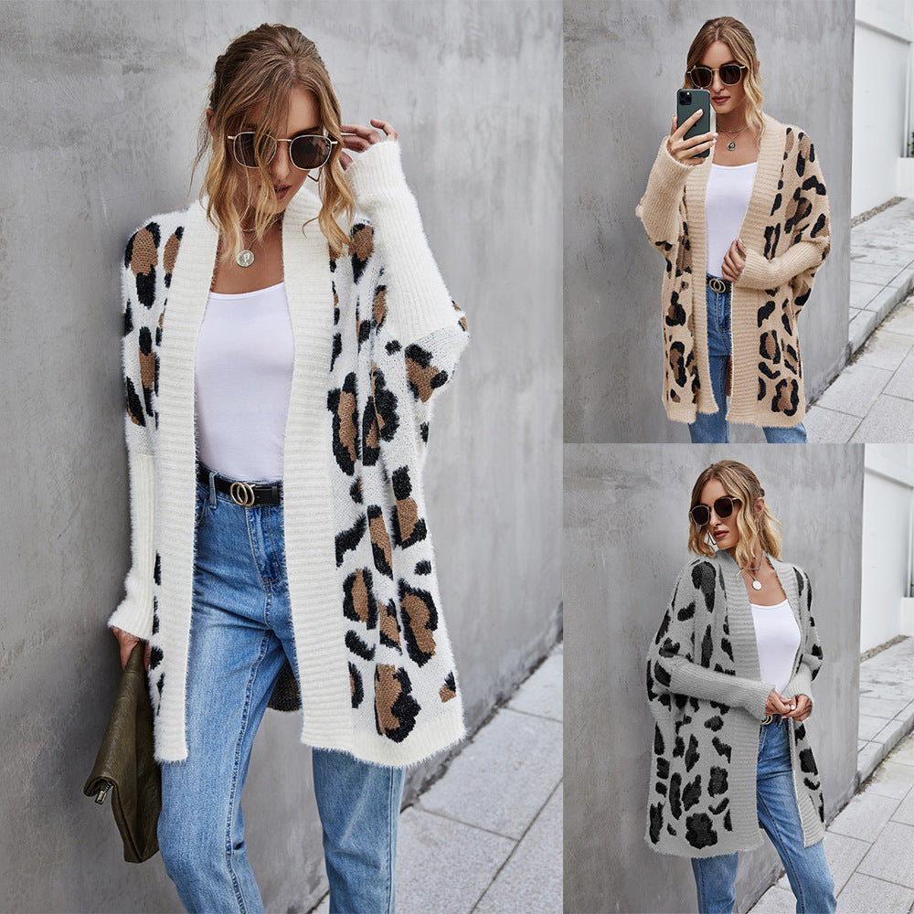 2024New Winter Clothes European and American Foreign Trade Women's plus Size Cardigan Coat Personality Fashion Leopard Print Knitwear Sweater Women