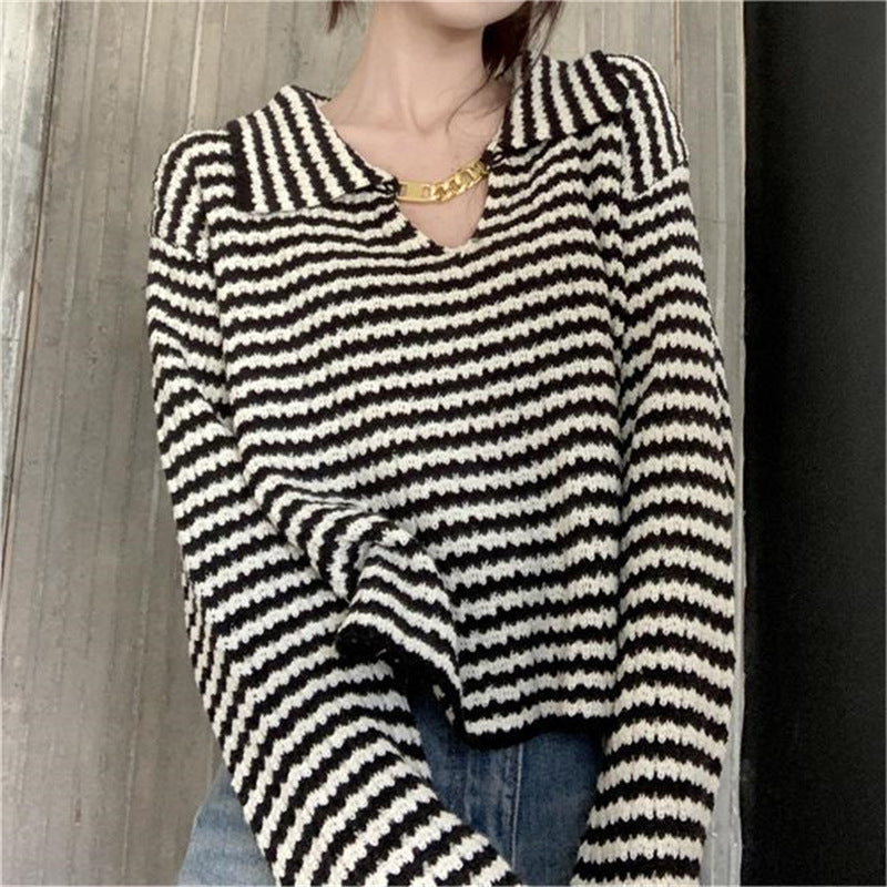 Women's French-Style Black and White Striped Lapel Pullover Sweater2024Autumn and Winter New Loose and Lazy Style Chic Knitted Top