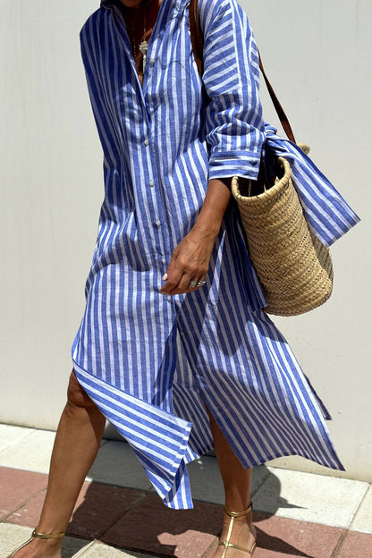 Faith Cotton Linen Feel Striped Shirt Dress Oversized Midi with Slit