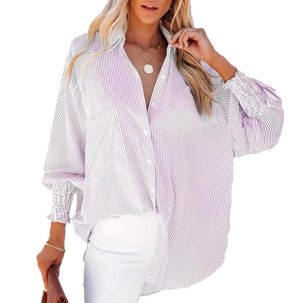 2024Europe and America Cross Border Blouse Beach Vacation Sun Protection Mid-Length Striped Shirt Women's Shirt Long Sleeve