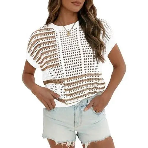 Fisoew Women's Bohemian-Inspired Beige Crochet Top with V-Neck #Springtok #TikTokShopJumpstartSale Casual Chic - Seldom Seen Styles