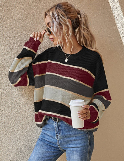 Women's Colorblock Striped Print Drop Shoulder Sweater, Soft Casual Long Sleeve Round Neck Jumper for Fall & Winter, Fashion Ladies' Knitwear for Daily Wear
