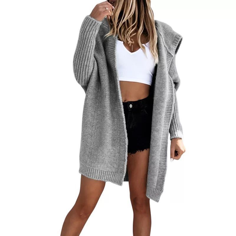 New Solid Color Casual Sweater Women's Autumn and Winter Loose Hooded Knit Cardigan Mid-Length Coat