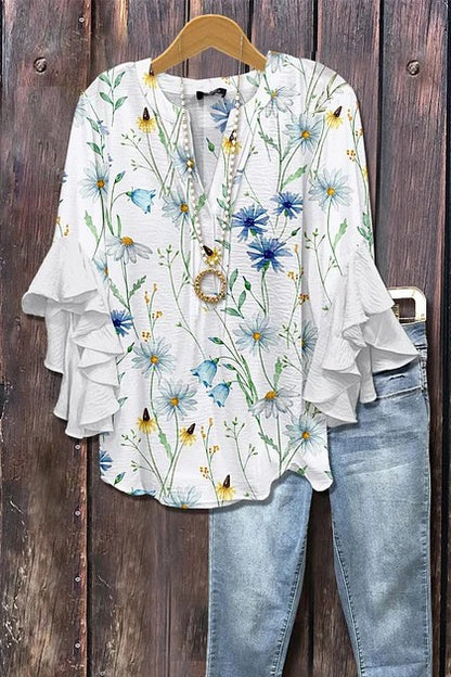 Haut à manches volantées et imprimé floral rétro pour femme, tenue vintage des années 90, chemises amusantes, élégantes et classe, jolie tenue d'été