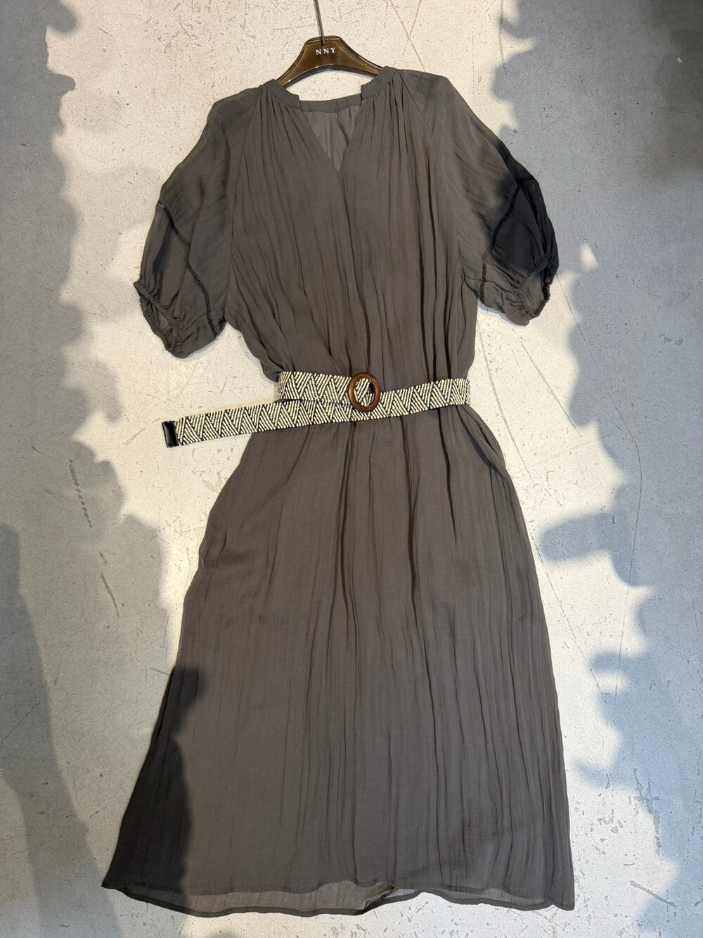V-Neck Puff Sleeve Loose Flowy Maxi Dress with Woven Belt Included Crinkle Texture Elegant Casual Summer Dress White Dark Grey - Seldom Seen Styles