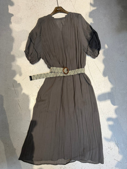 V-Neck Puff Sleeve Loose Flowy Maxi Dress with Woven Belt Included Crinkle Texture Elegant Casual Summer Dress White Dark Grey
