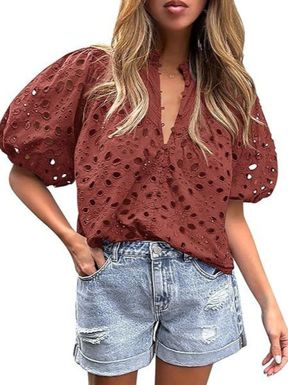 PRETTYGARDEN Women's Summer Tops Dressy Casual Short Lantern Sleeve V Neck Buttons Hollow Out Lace Embroidered Blouses Shirts