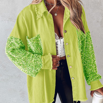 Chicme Jeanshemdjacke mit Pailletten-Kontrast und offenem Saum