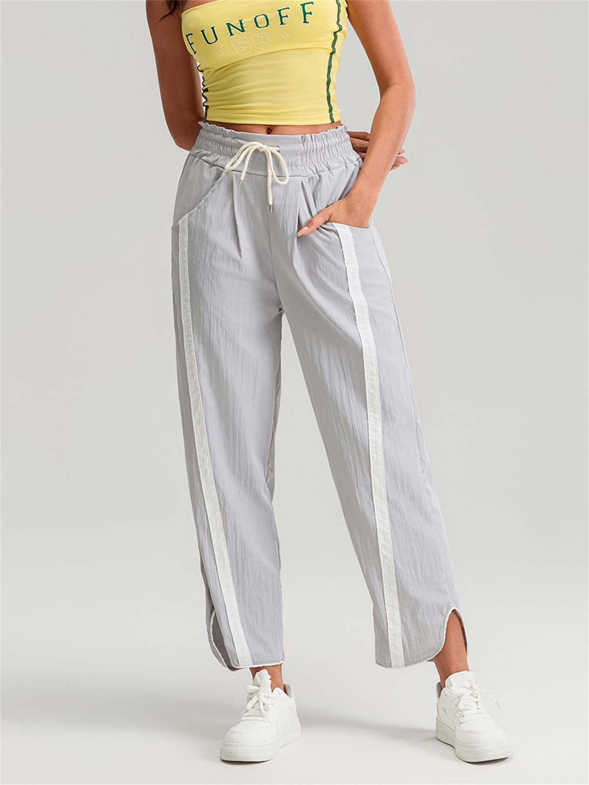 Women's Baggy Wide Leg Pants Casual Drawstring Elastic Waisted Contrast Color Workout Y2K Track Pants - Seldom Seen Styles
