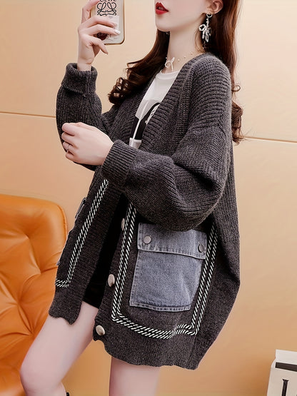 Color Block Flap Pocket Knitted Cardigan, Casual Button Front V Neck Long Sleeve Drop Shoulder Cardigan, Women's Clothing