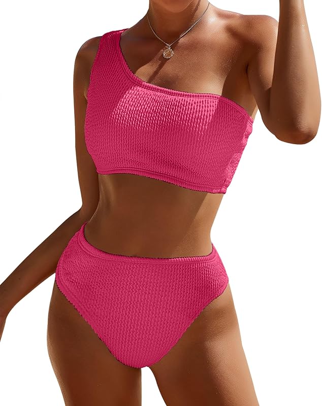 Women One Shoulder Bikini Set High Waisted Tummy Control Full Coverage Swimsuit Ribbed 2 Piece Bathing Suit 2025 - Seldom Seen Styles