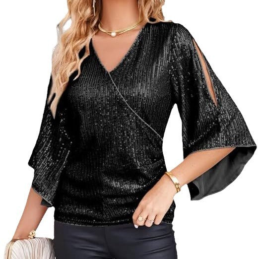 Womens Sequin Tops 3/4 Sleeve Glitter Sparkly Party Blouse V-Neck Dressy Tops for Evening Party