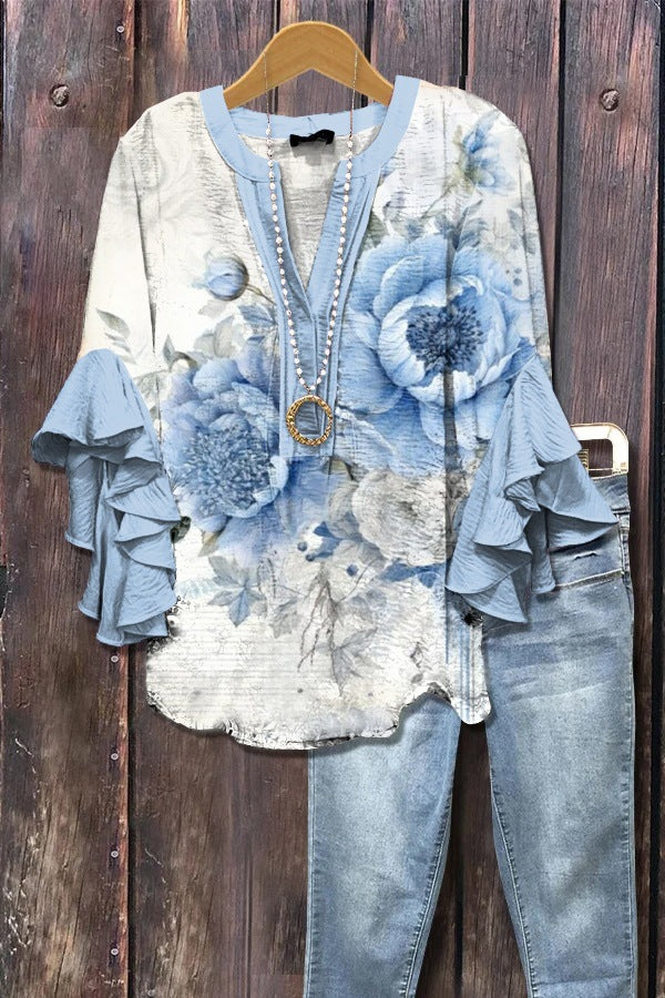 Haut à manches volantées et imprimé floral rétro pour femme, tenue vintage des années 90, chemises amusantes, élégantes et classe, jolie tenue d'été