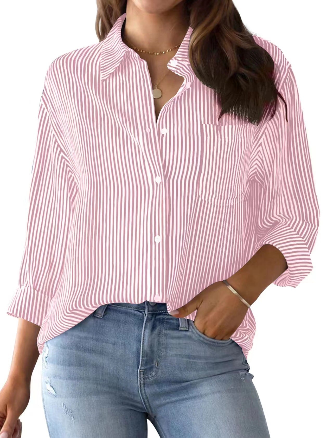 AISEW Damen Button-Down-Hemd, gestreift, klassisch, Langarm, Kragen, Büro, Arbeit, Bluse, Tops mit Tasche