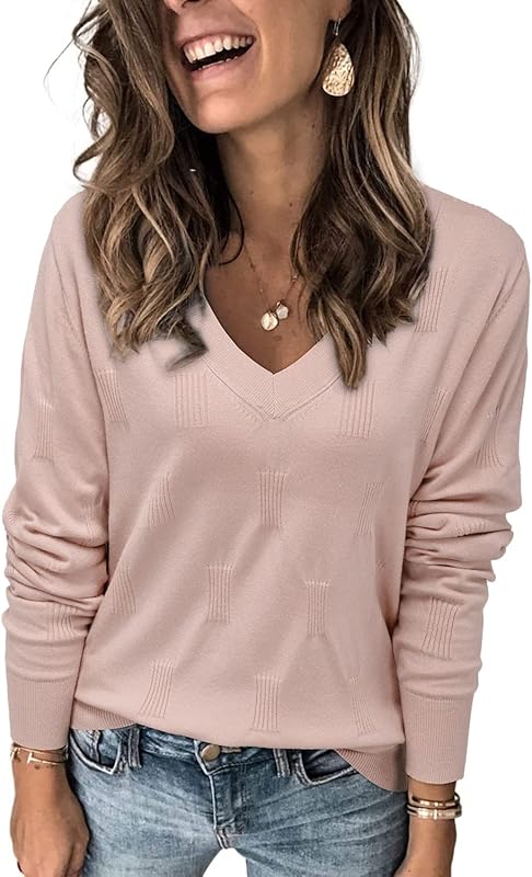 Womens Fall Tops 2024 Fashion V Neck Long Sleeve Shirts Blouse Knit Casual Pullover Sweater Cozy Clouds XS-3XL